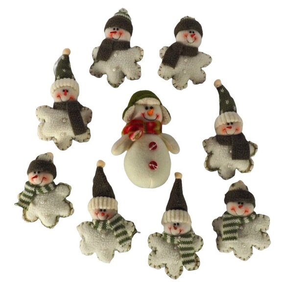 Snowman Christmas Ornaments Set of 9 Fleece Felt Whit Green Red - Picture 1 of 10